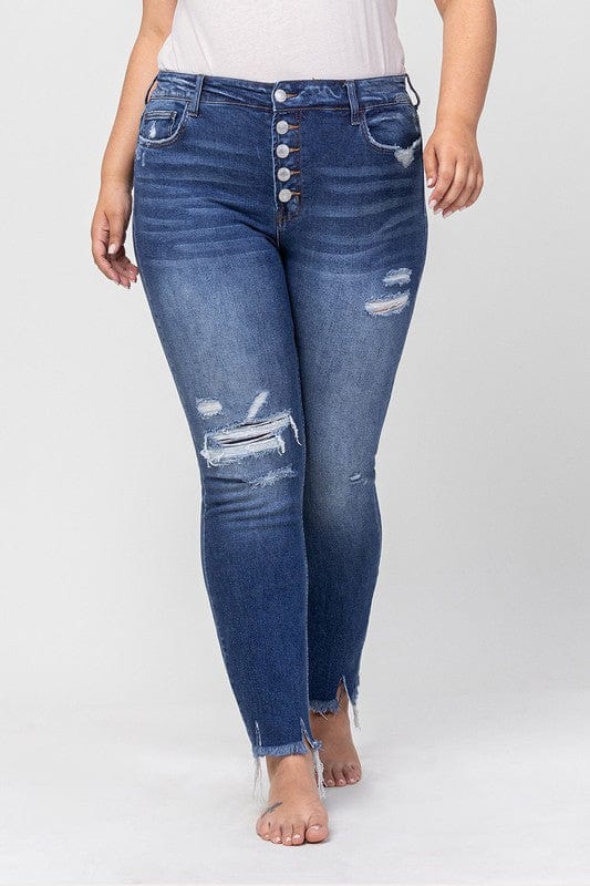 Plus High Rise Patched Button Up Distressed Jeans