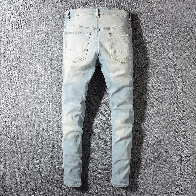 Men's patchwork ripped skinny stretch denim pants