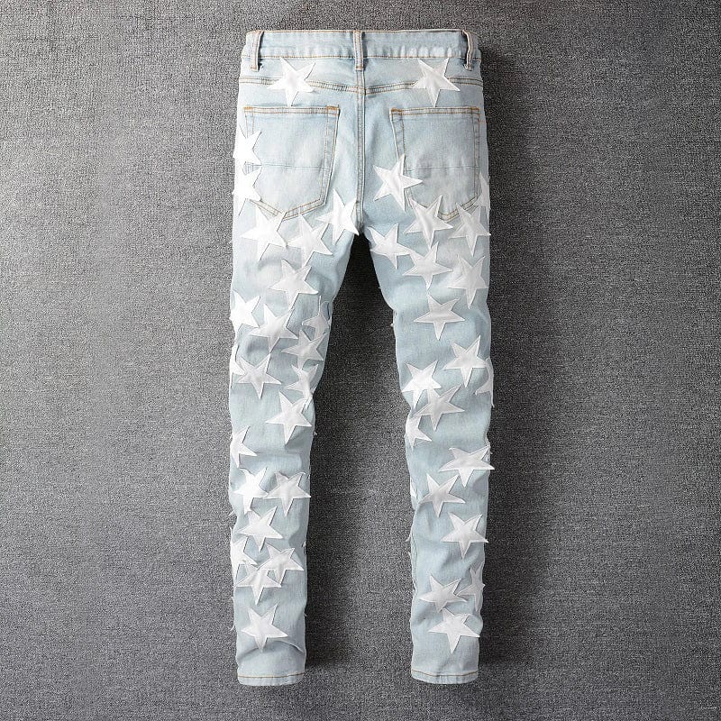 Men's White Stars Patches Stretch Denim Jeans