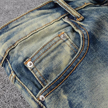 Men's Leather Stars Patch Stretch Denim Jeans