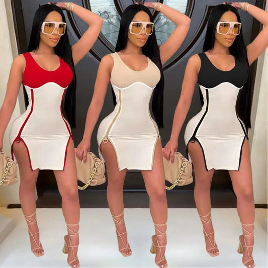 Women's Side Double Zipper High Slit  Summer Dress