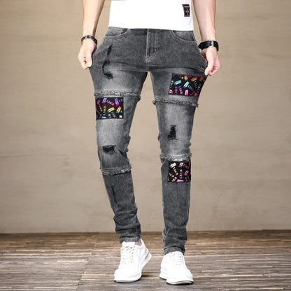 Men's Neon Letters Print Patches Jeans