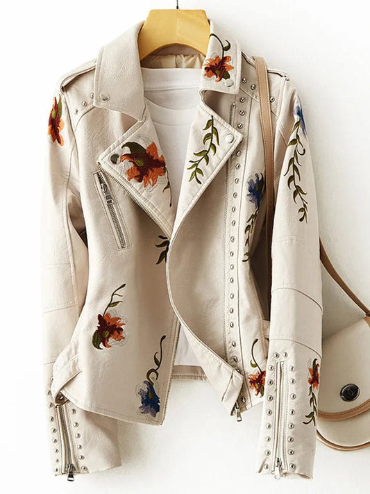 Women Embroidery Retro Floral Leather Jacket