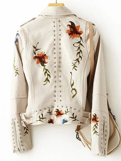 Women Embroidery Retro Floral Leather Jacket