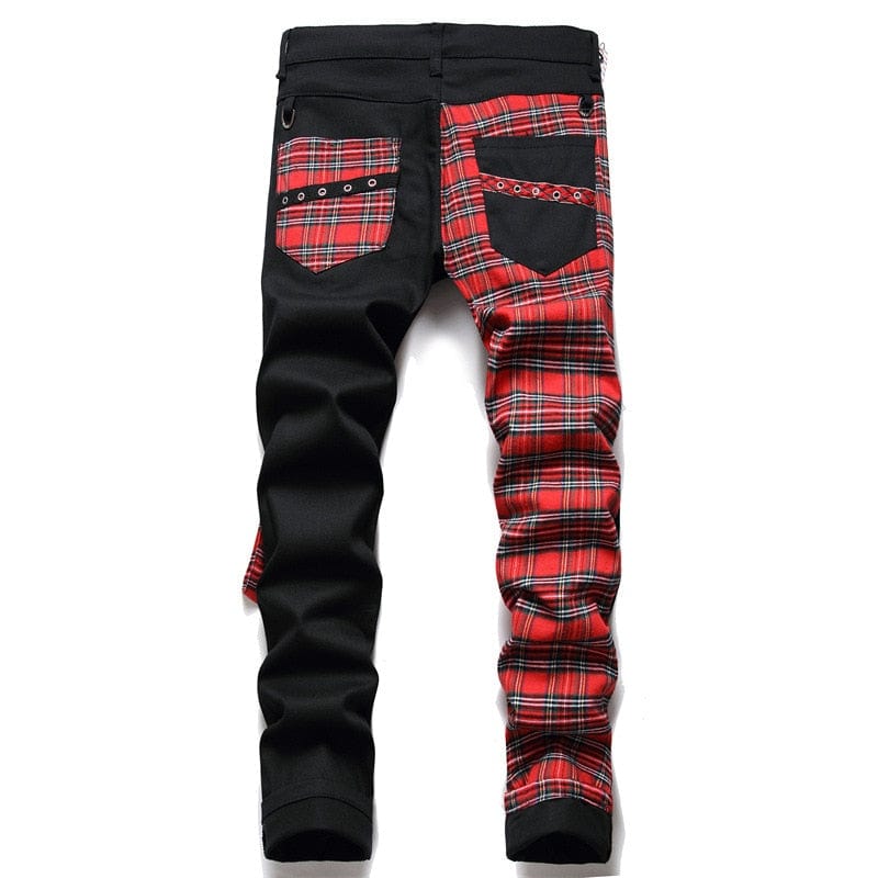 Fashion Red Plaid Patchwork jeans