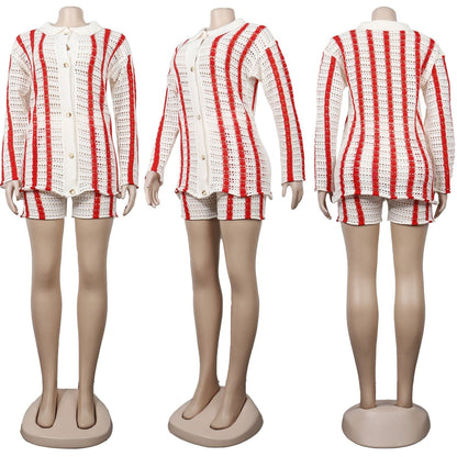 Women Striped Cardigan Coat + Pants