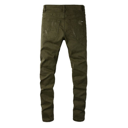 Men Military Green Ripped Jeans