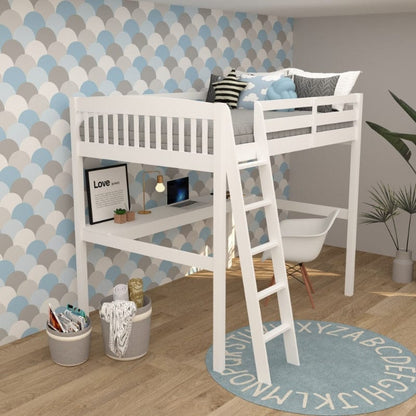 Kids White High Loft Bed with Desk and Storage Space