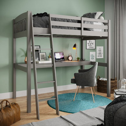 Kids Grey High Loft Bed with Desk and Storage Space