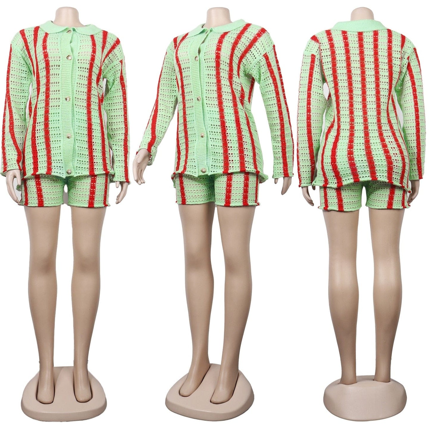 Women Striped Cardigan Coat + Pants