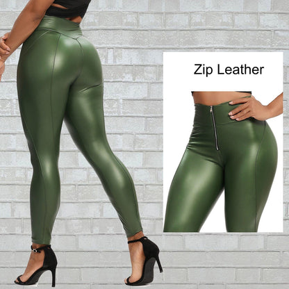 Womens High Waist Zipper Leather Pants