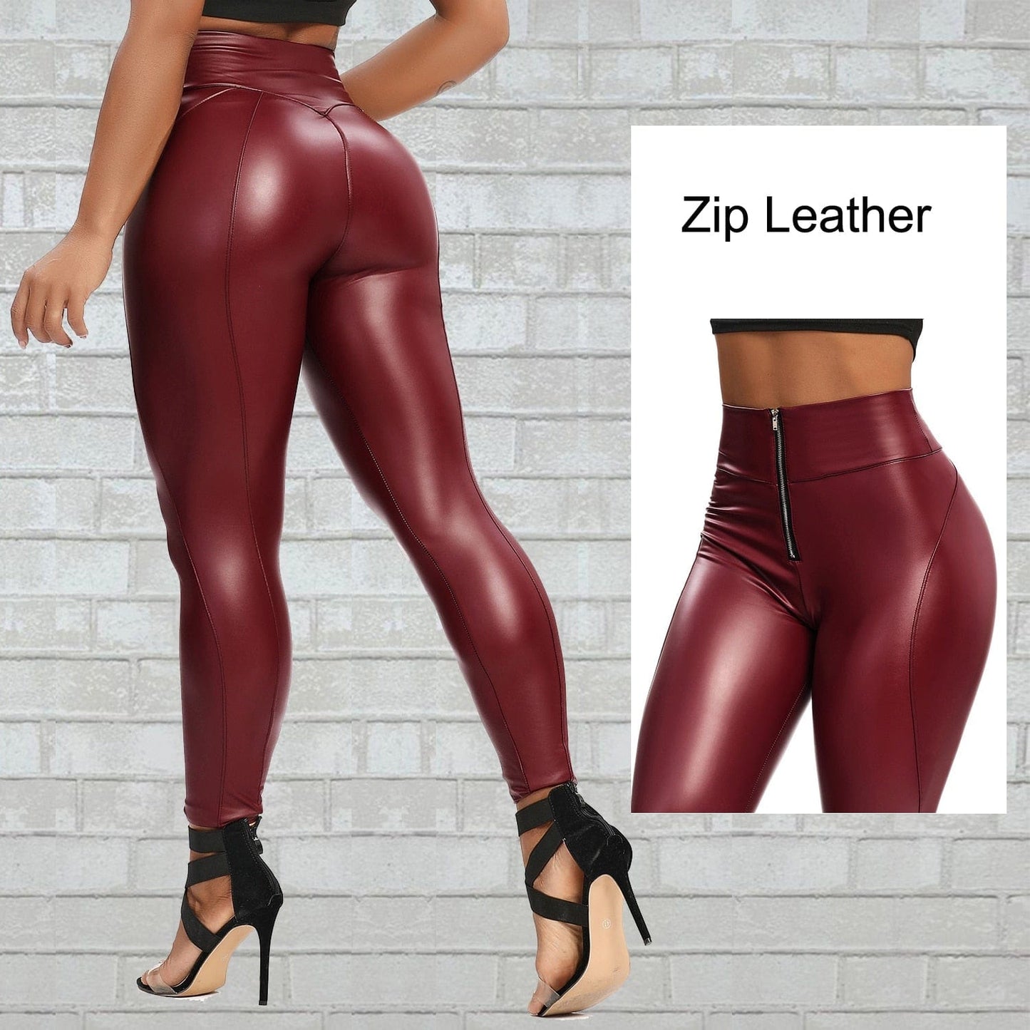 Womens High Waist Zipper Leather Pants
