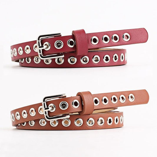 Women Waist Belt Hollow Rivets PU Leather Strap