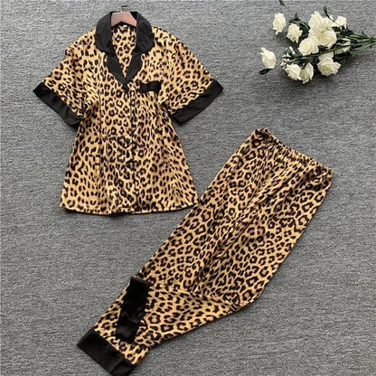 Woman Ice Silk Fashion Leopard Print Sexy Pajama Set