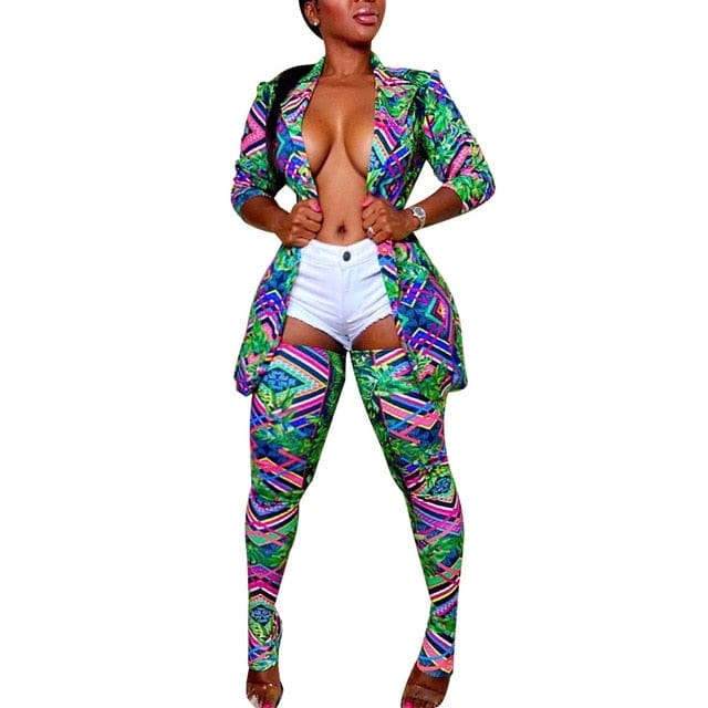 Womens Blazer Top + Pant Camo Print