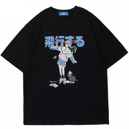 Cartoon Girl Cat Japanese Kanji Print T Shirt