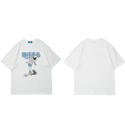 Cartoon Girl Cat Japanese Kanji Print T Shirt
