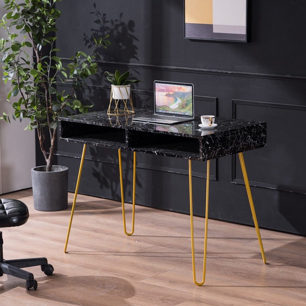103 x 55 x 80cm Marble Iron Foot Computer Table Black