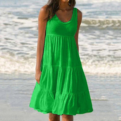 Women Summer Beach Solid Color Dress