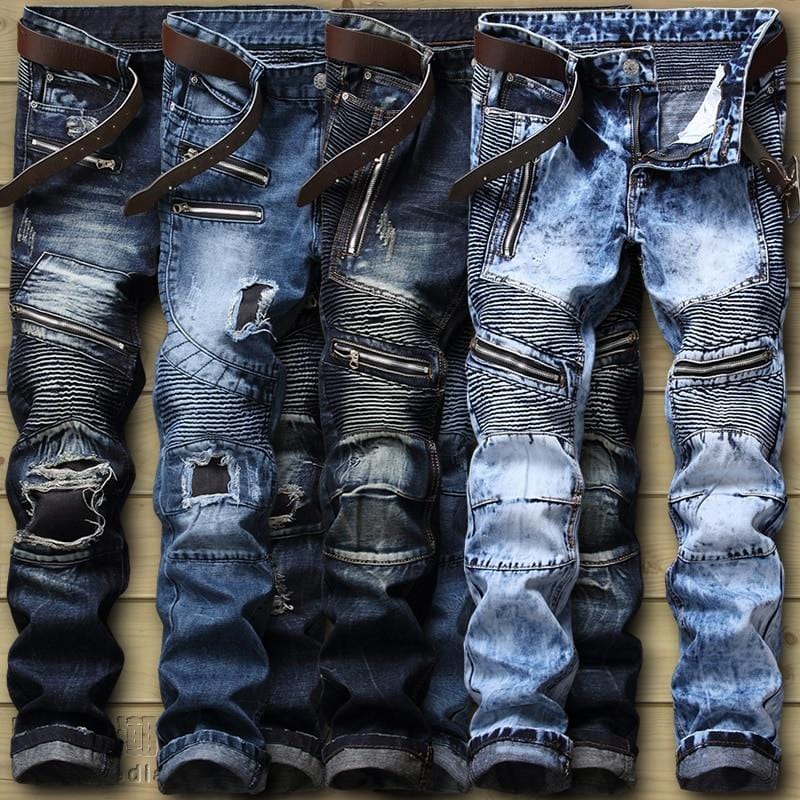 Men's Distressed Stretch Ripped Biker Jeans