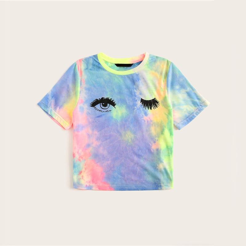 Multicolor Tie Dye Eye And Eyelash Print T Shirt